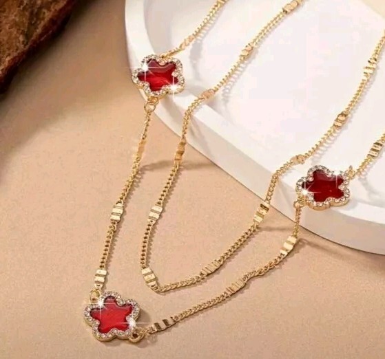 Double-Layered Clover Flower Necklace with Long Chain for Women-image