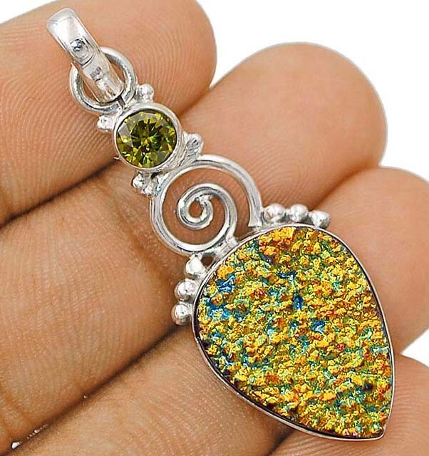 Natural Titanium Druzy & Peridot 925 Solid Sterling Silver Pendant