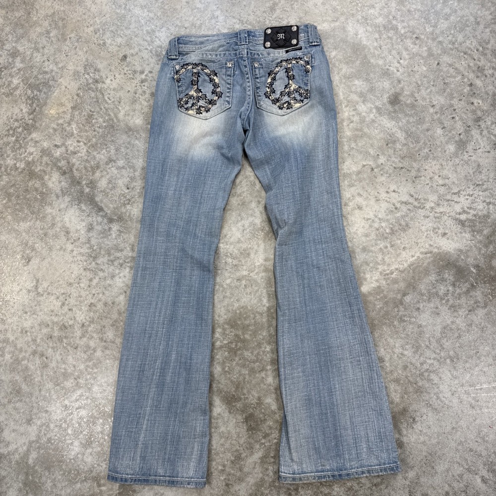 Miss Me Womens Low Rise Flare Jeans Size 27 Embellished Peace Sign Light Wash Bell Bottoms