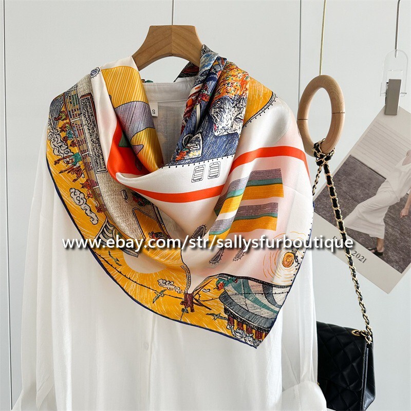 Sallys 100% Pure Silk Square Scarf 110cm with Boat Print Wrap Shawl Stole