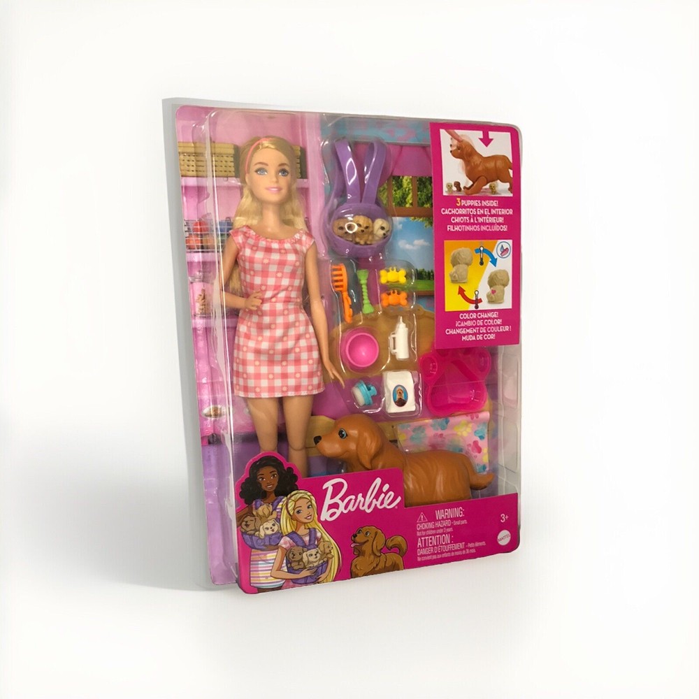 BARBIE Doll & Pets w Mommy Dog & 3 Newborn Puppies & Dog Toys & Carrier NEW MINT