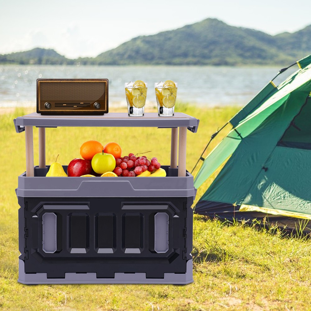 Foldable PP Storage Box with Wooden Lid for Camping and Home Organization