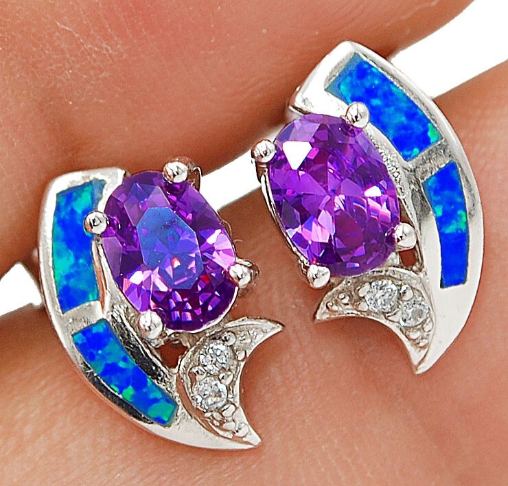 2CT Amethyst and Opal Inlay Sterling Silver Earrings Jewelry EO4