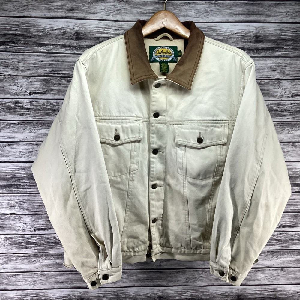 Vintage CABELAS Outdoor Gear Trucker Jacket Mens Large Denim Leather Collar 90s