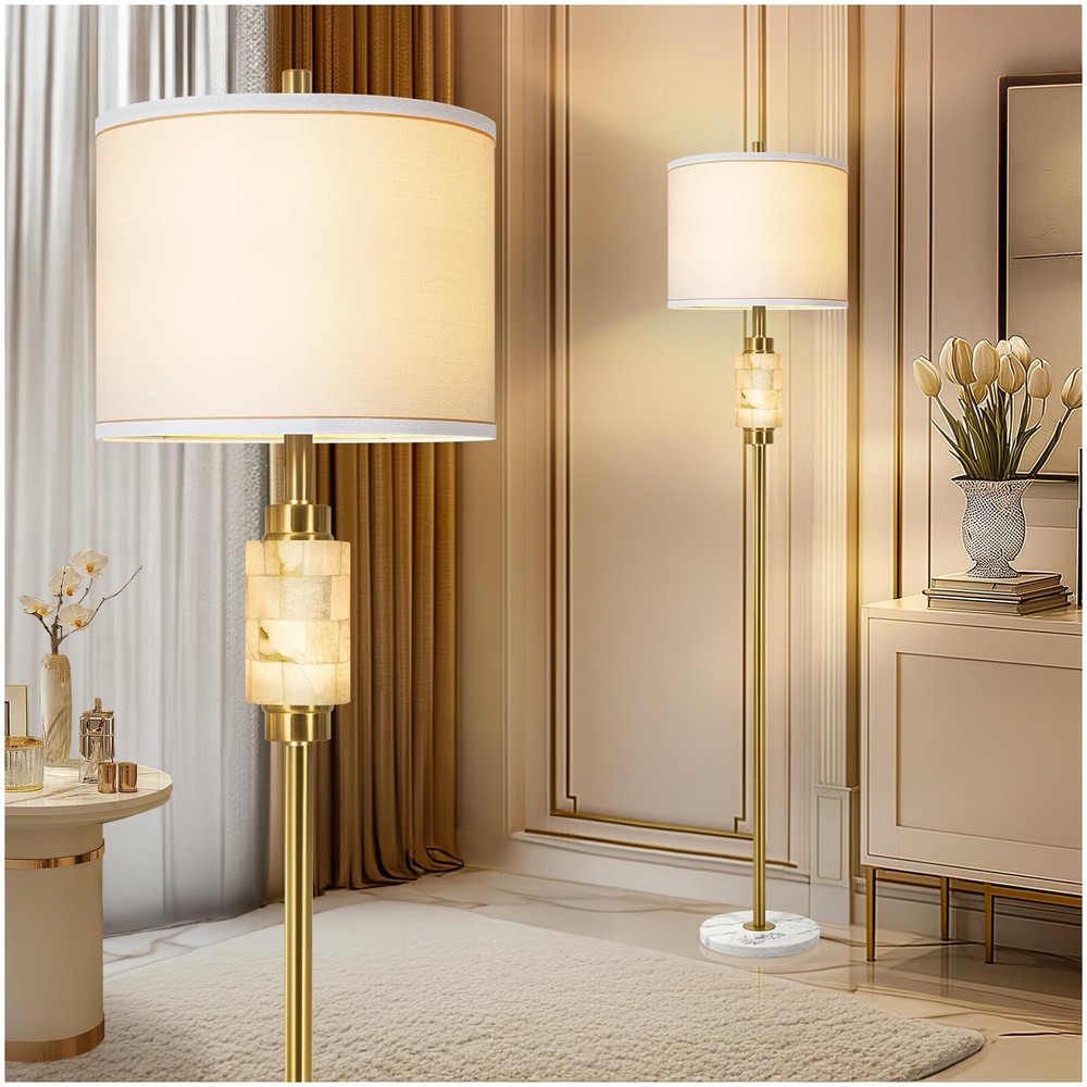 Natural Alabaster Rustic Floor Lamp with Night Light for Living Room,Marble B...