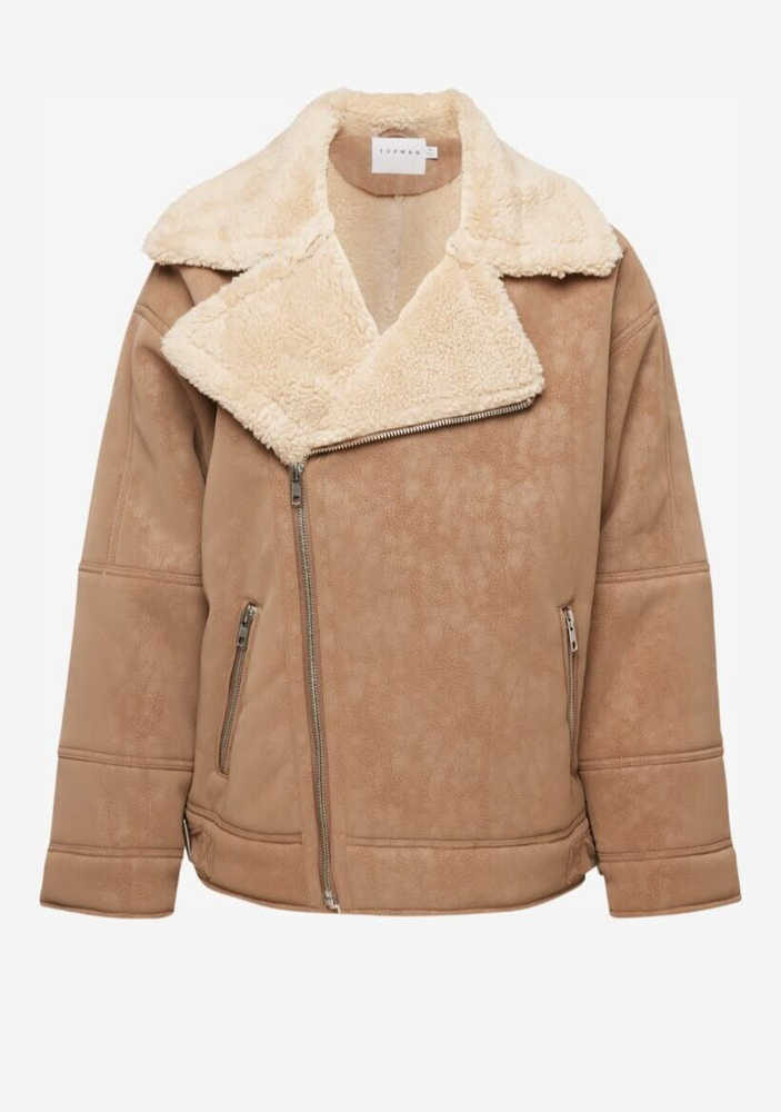 Topman Faux Shearling Biker Jacket | Tan Brown | Large Chest 40-42