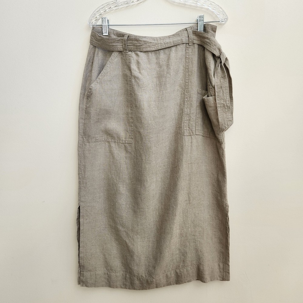 Orvis Skirt Women Size 12 Knee Length Beige Linen Unlined Side Zip Career Office