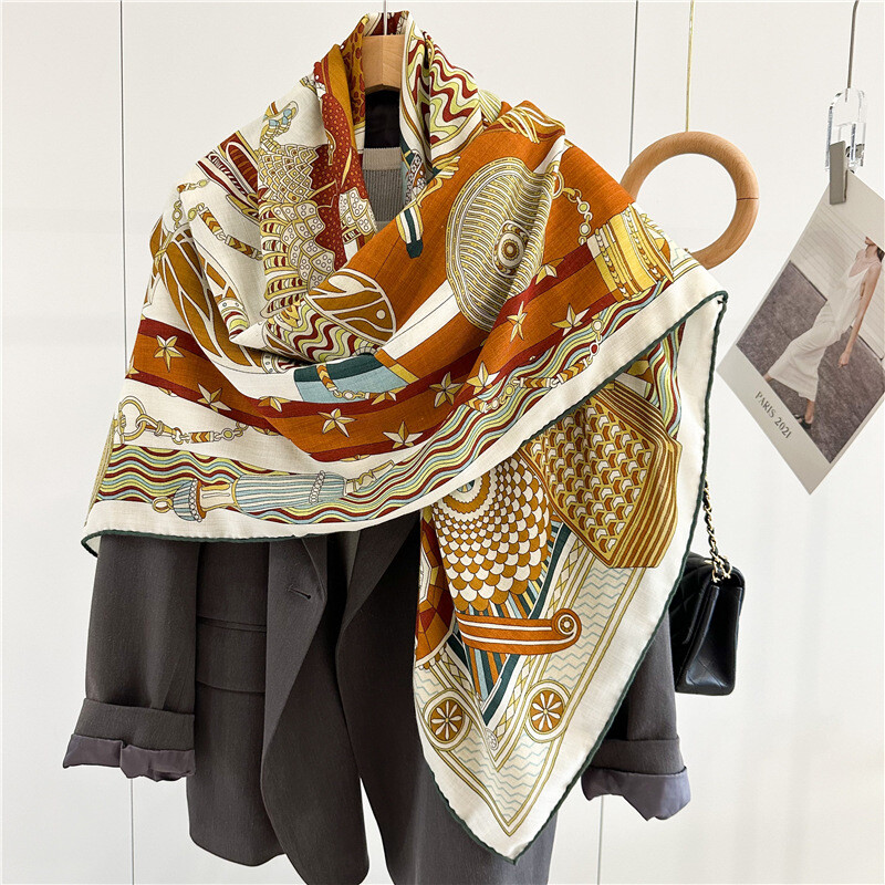 New Spring 2025 Boutique 30% Silk & 70% Wool Two-Face Printing Large Scarf 53‘