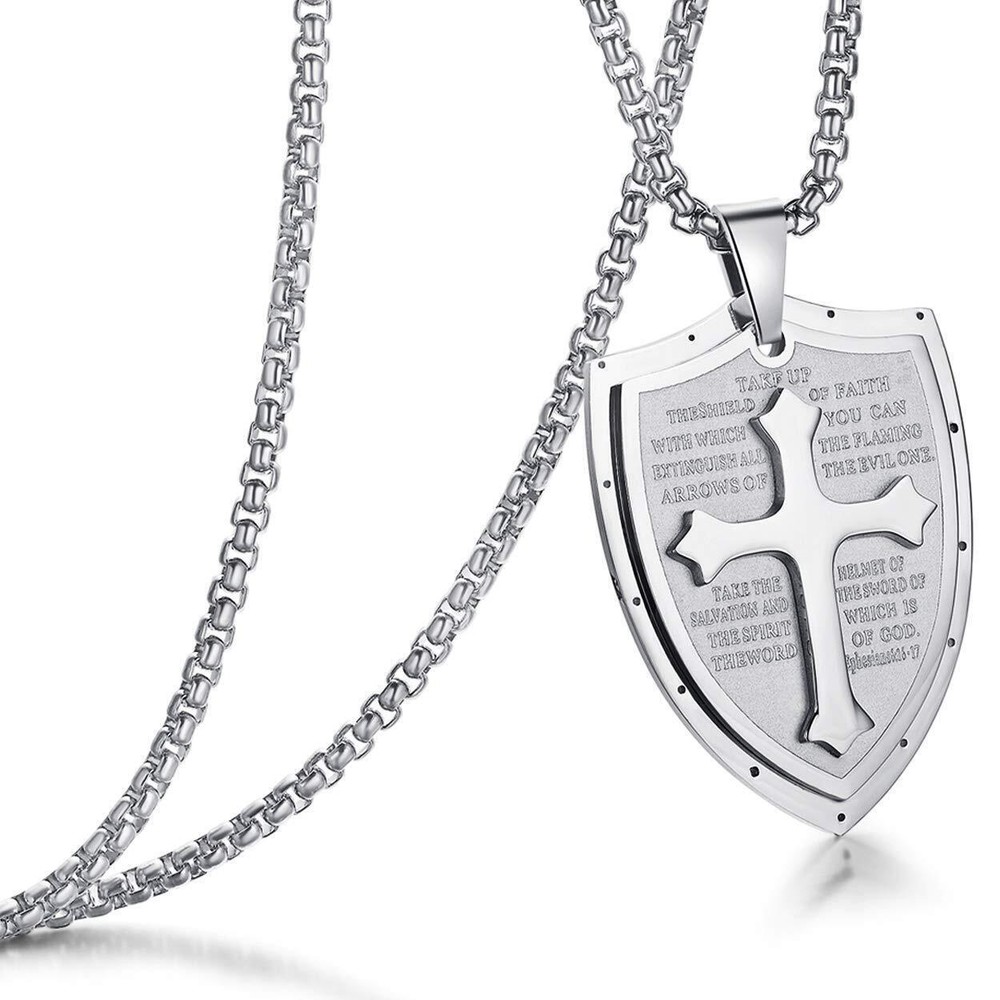 Men Cross Pendant Necklace Stainless Steel Shield Armor of God Ephesians Bible