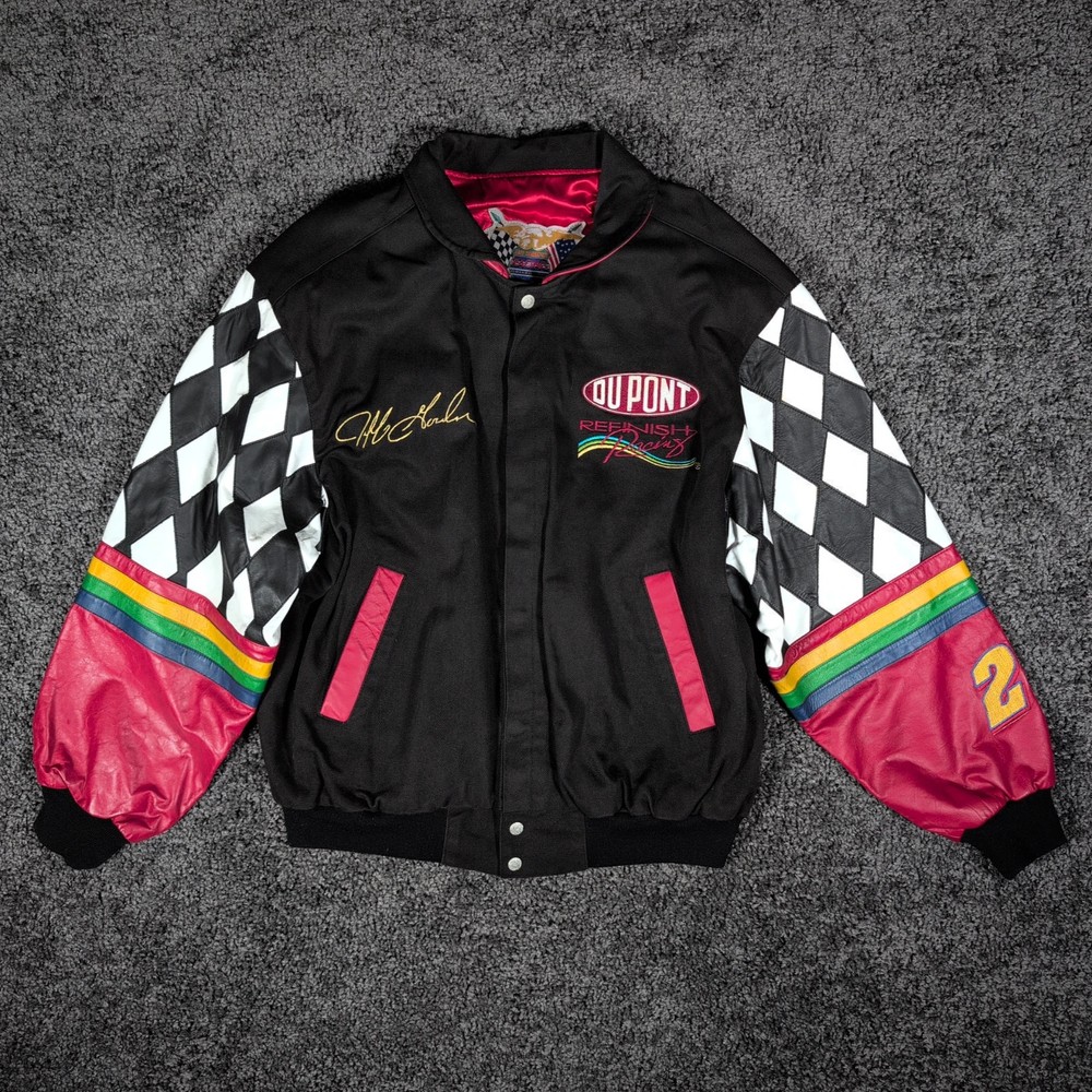 VTG Jeff Hamilton Racing Jacket Men's L Black DuPont Jeff Gordon 24 Leather EUC