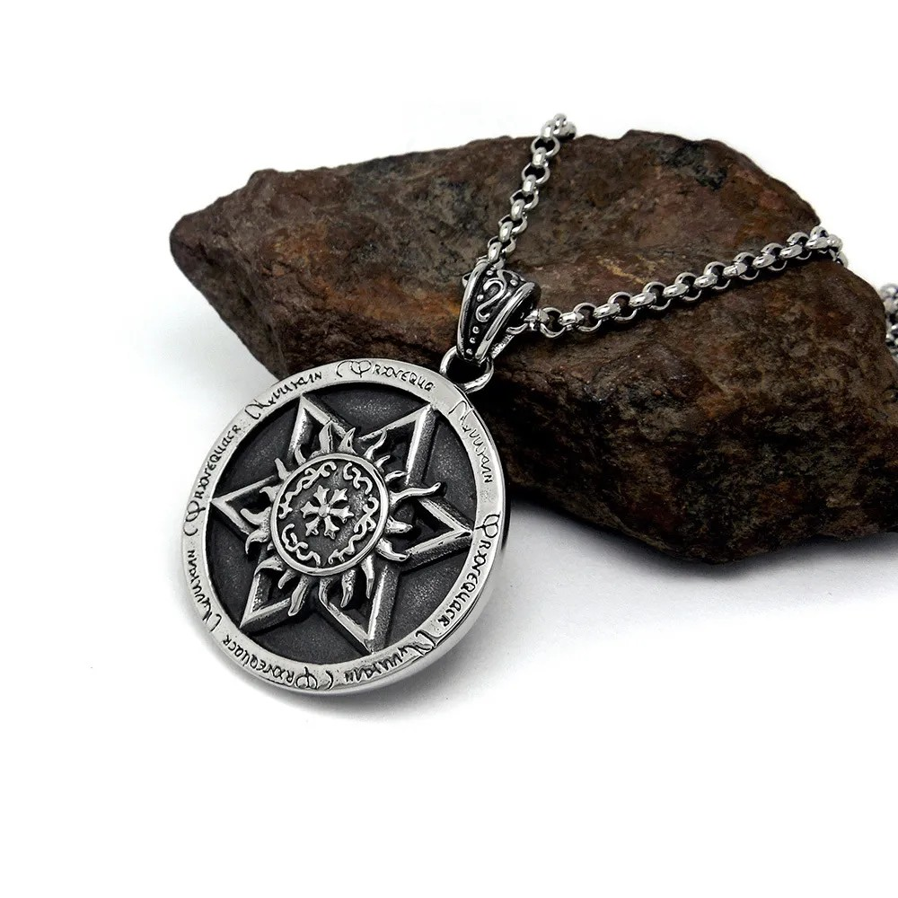 Heavy-Duty Titanium Pendant Necklace with Star Symbol and Text Engravings