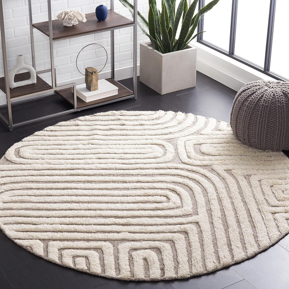 Area Rug - 4' Round, Beige & Ivory, Handmade Mid-Century Modern Textured Wool