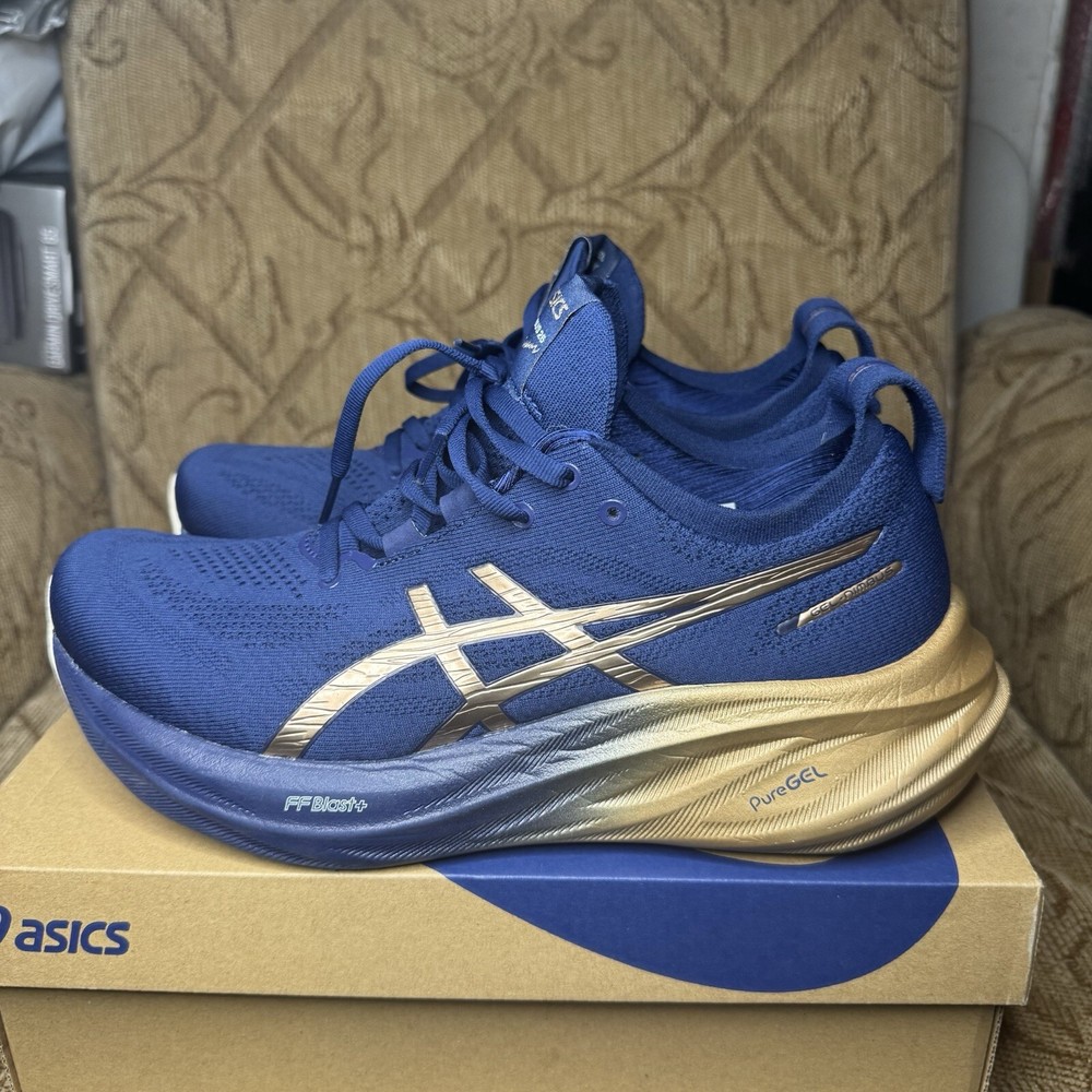 Men’s ASICS GEL NIMBUS 26 PLATINUM Blue Expanse Champagne Running Shoe Sz 8.5
