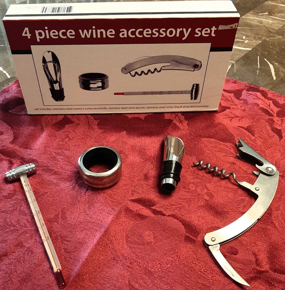 4 Piece Wine Accessory Set From Atico International USA. Stainless Steel.