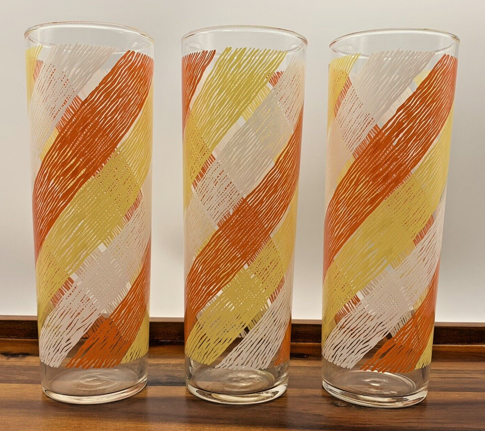 Vintage Libbey Tom Collins Glasses Set of 3 Swirl Spiral Orange Yellow White