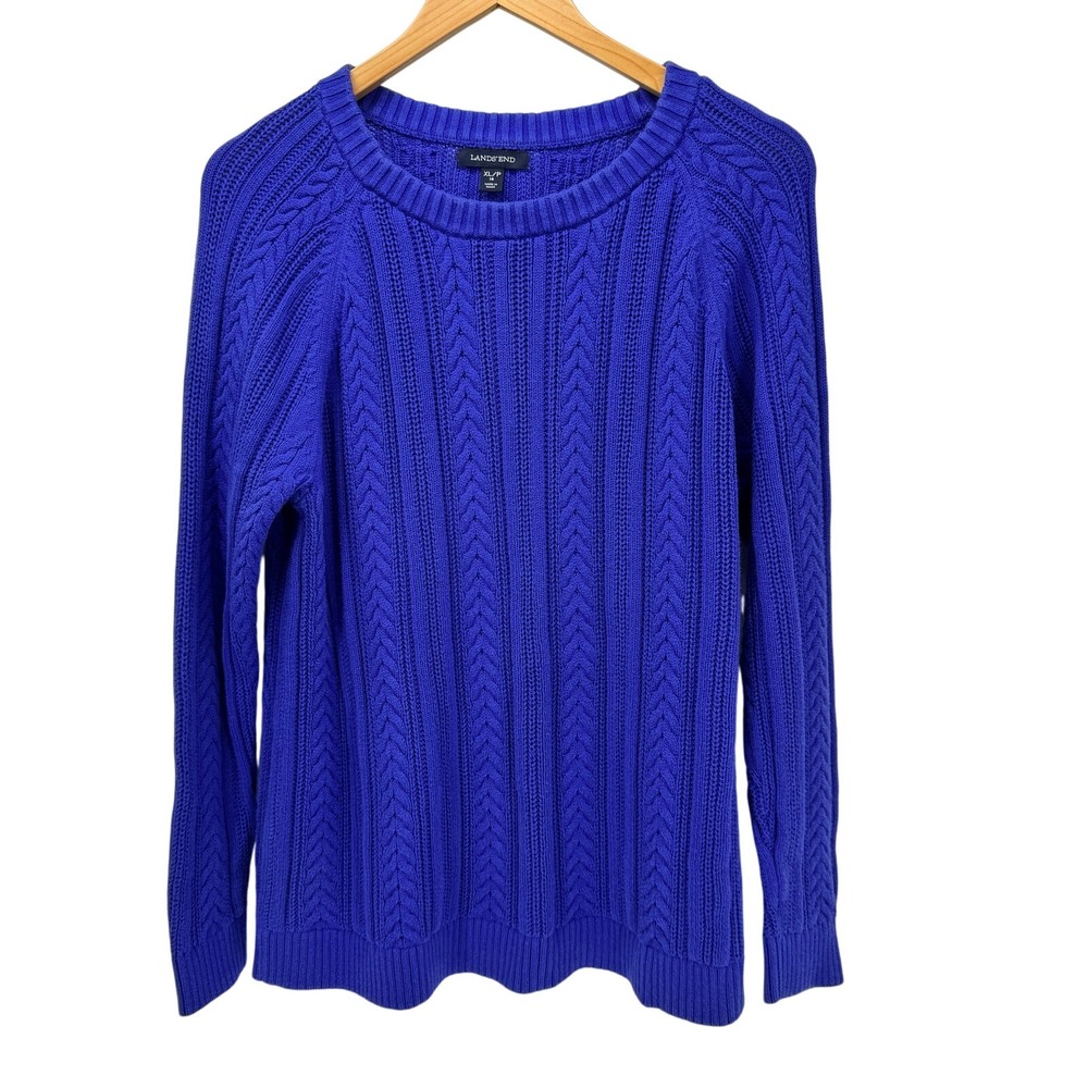 Lands End Womens Petite XL Royal Blue Cable Knit Coastal Pullover Sweater
