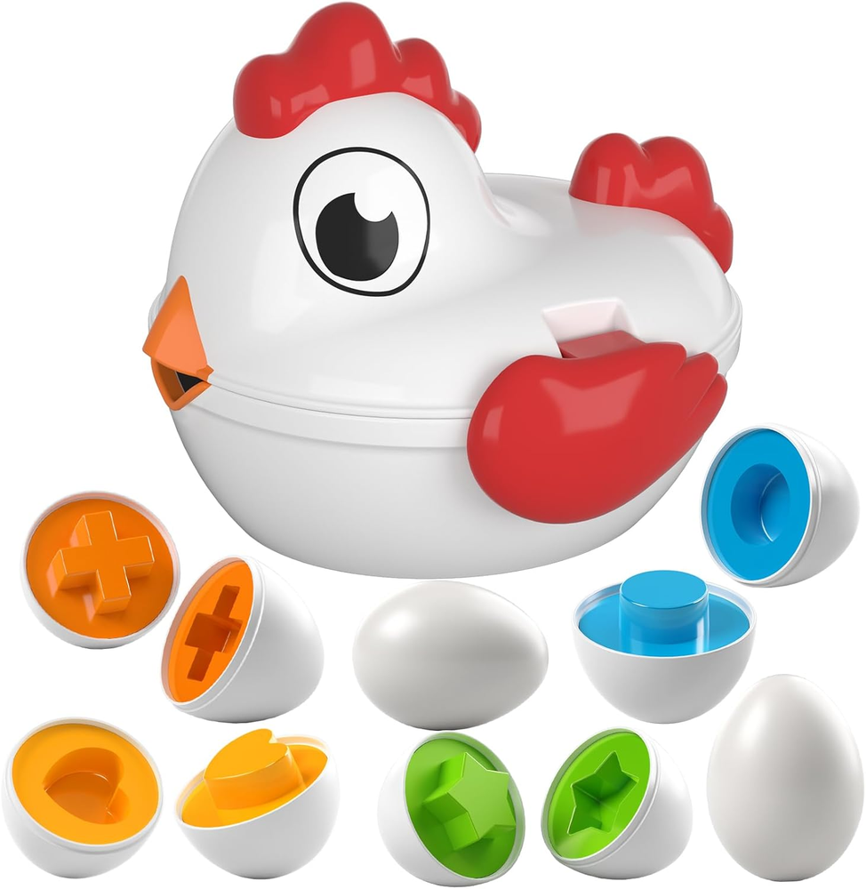 TEMI Toddler Chicken Easter Eggs Toys - Color Matched Game Shape Sorter with 6 T