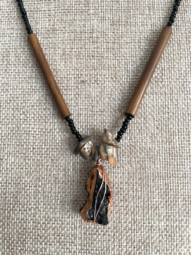 Lava & Shell Pendant Necklace 18” Artisan Made - Grounding Stability Protection