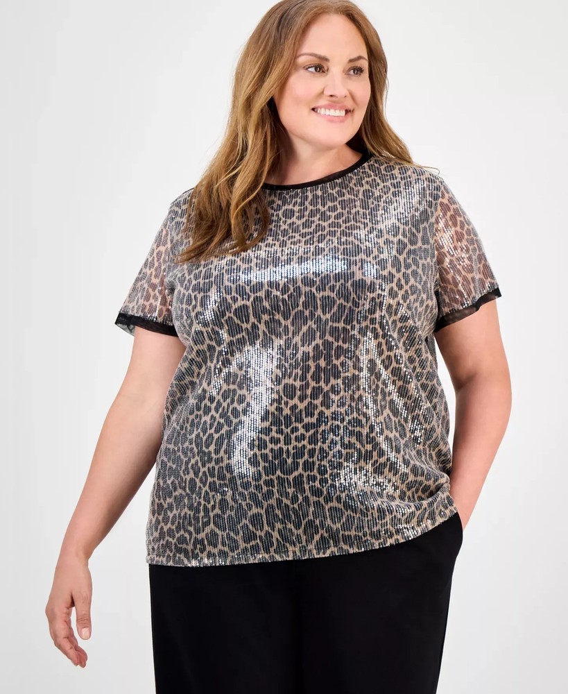 Anne Klein Women's Top Plus Sz 1X Size Animal-Print Sequin