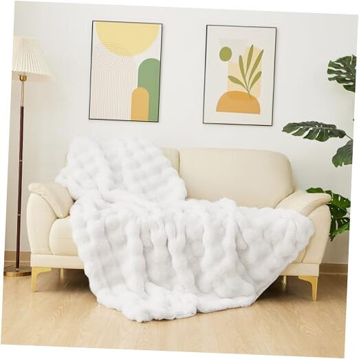 Fluffy White Faux Fur Throw Blanket Super Soft Cozy Comfy Fuzzy Warm