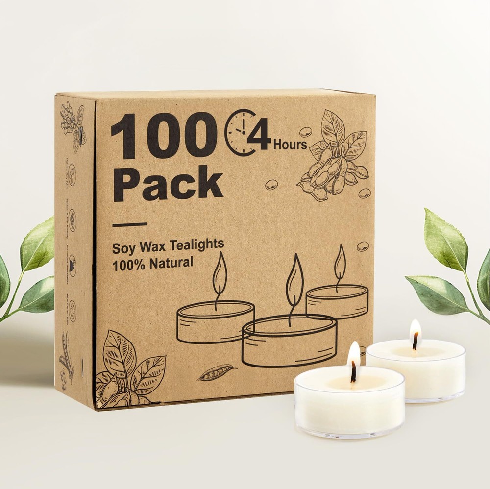 Unscented Soy Tea Light Candles 100-Pack 4-Hour Burn White Bulk
