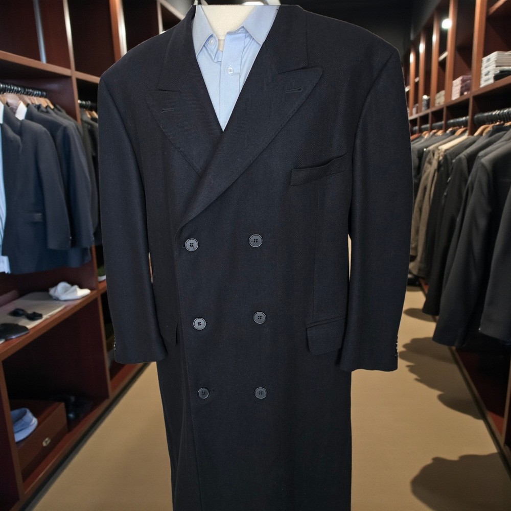 Bespoke Double Breasted Peak Lapel Overcoat 48r Wool Herringbone Full Length
