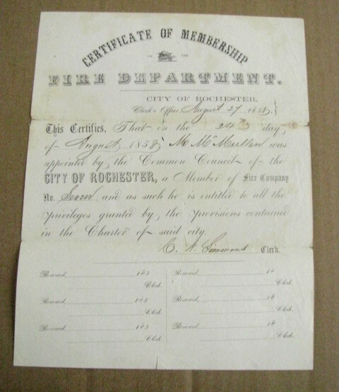 Civil War Rochester NY Fireman 105th NYV Officer Membership Certificate
