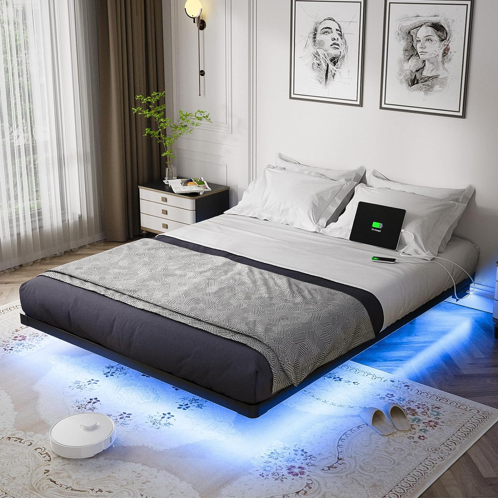 Floating Bed Frame Queen Size with Smart LED Lights and Charging Station - Moder