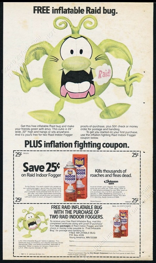 1981 Raid insecticide inflatable Raid bug photo offer vintage print ad