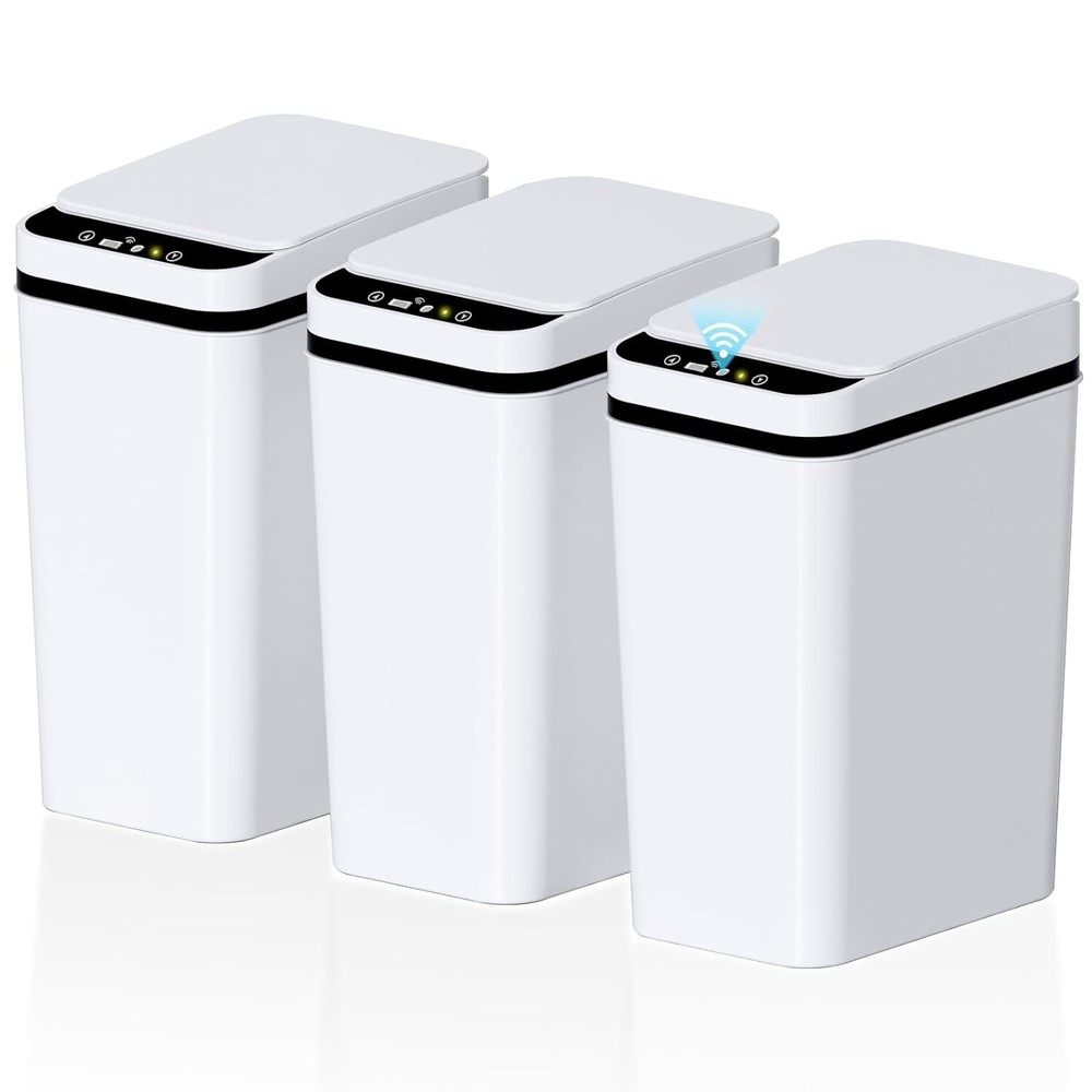 Compact 2.2 Gallon Motion Sensor Trash Can - Set of 3 Durable Bathroom Bins