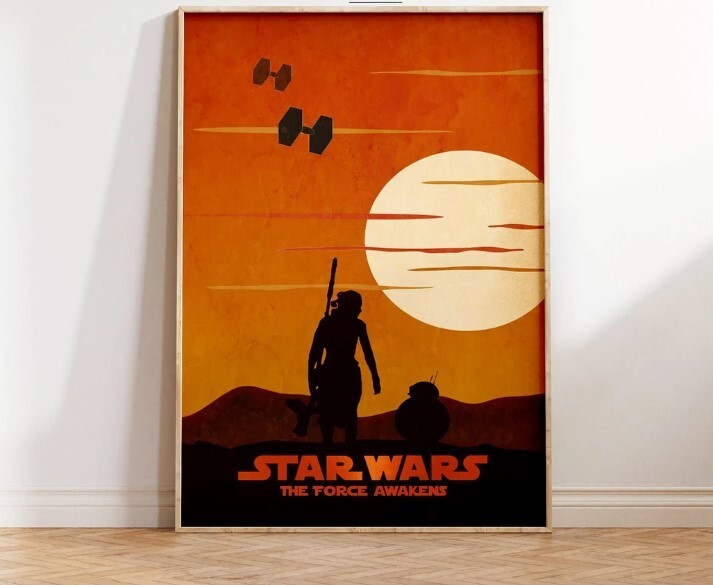 Star Wars The Force Awakens Epic Space Saga Poster Featuring Rey in Stunning Galactic Design