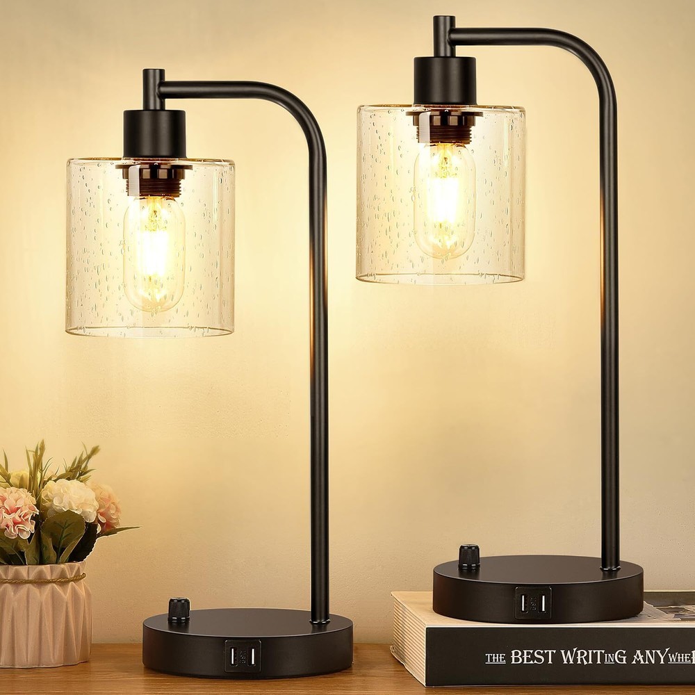 Set of 2 Industrial Stepless Dimmable USB Table Lamps with Dual Ports