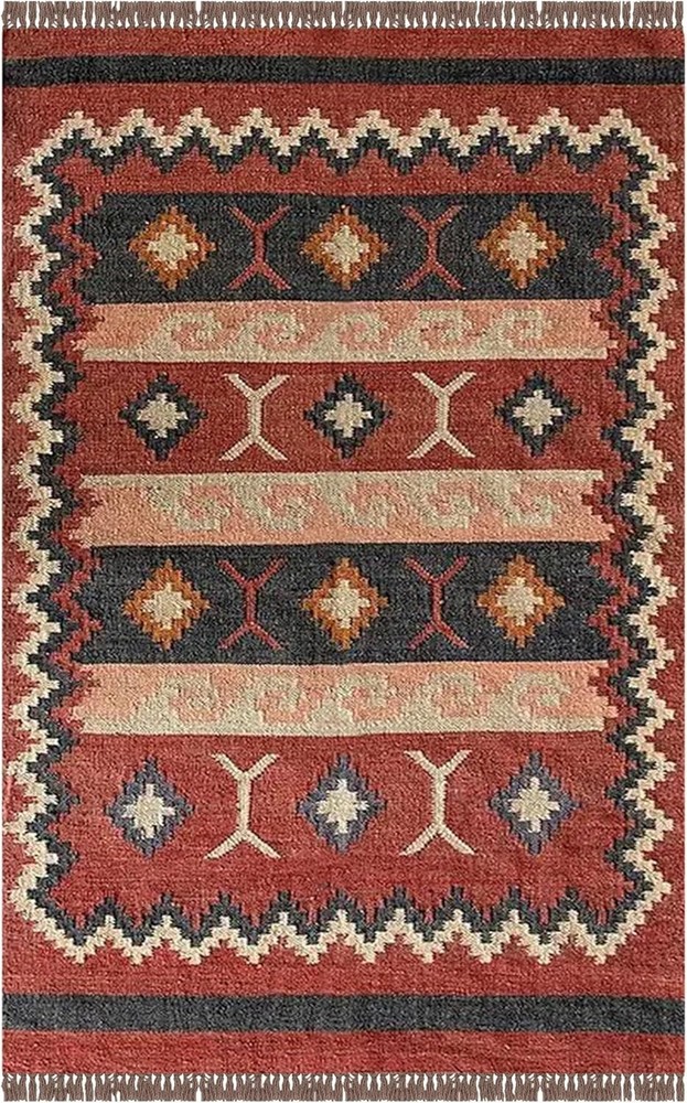 Modern Hand Woven Wool Jute Kilim Rugs Color Red & Multi Handmade Carpet Rug