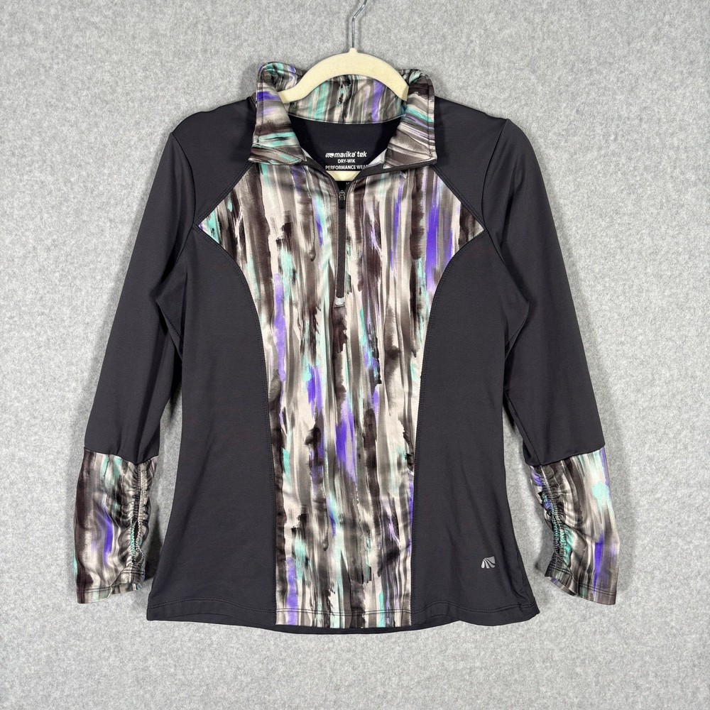 Marika Tek Top Medium Purple 1/4 Zip Base Layer Fleece Abstract Thumb Hole Artsy