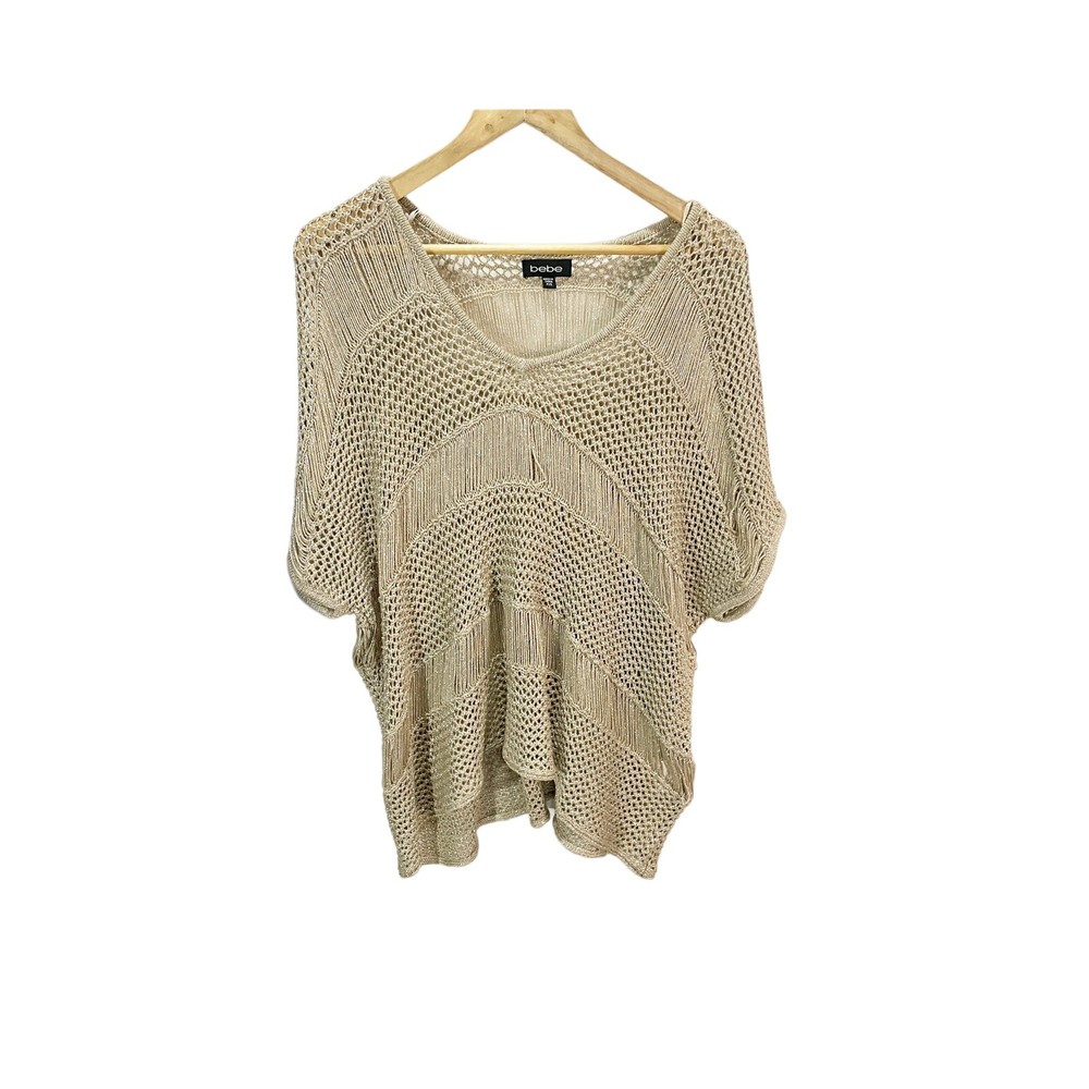 Bebe Gold Metallic Sweater S Short Sleeve V Neck Pullover Loose Knit