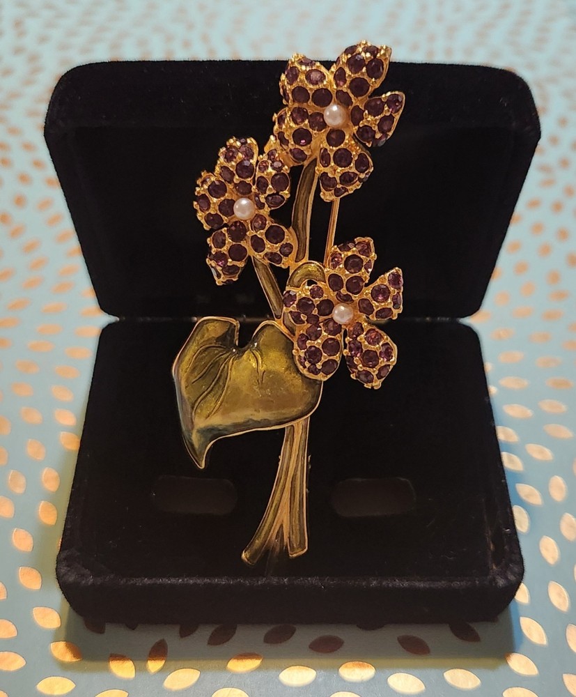 VINTAGE RARE Floral Brooch By KARL LAGERFELD Rhinestones-Enamel-Faux Pearls