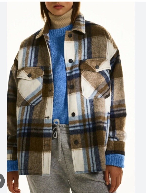 Zara oversized shacket overshirt checkered plaid blue and brown wool blend S