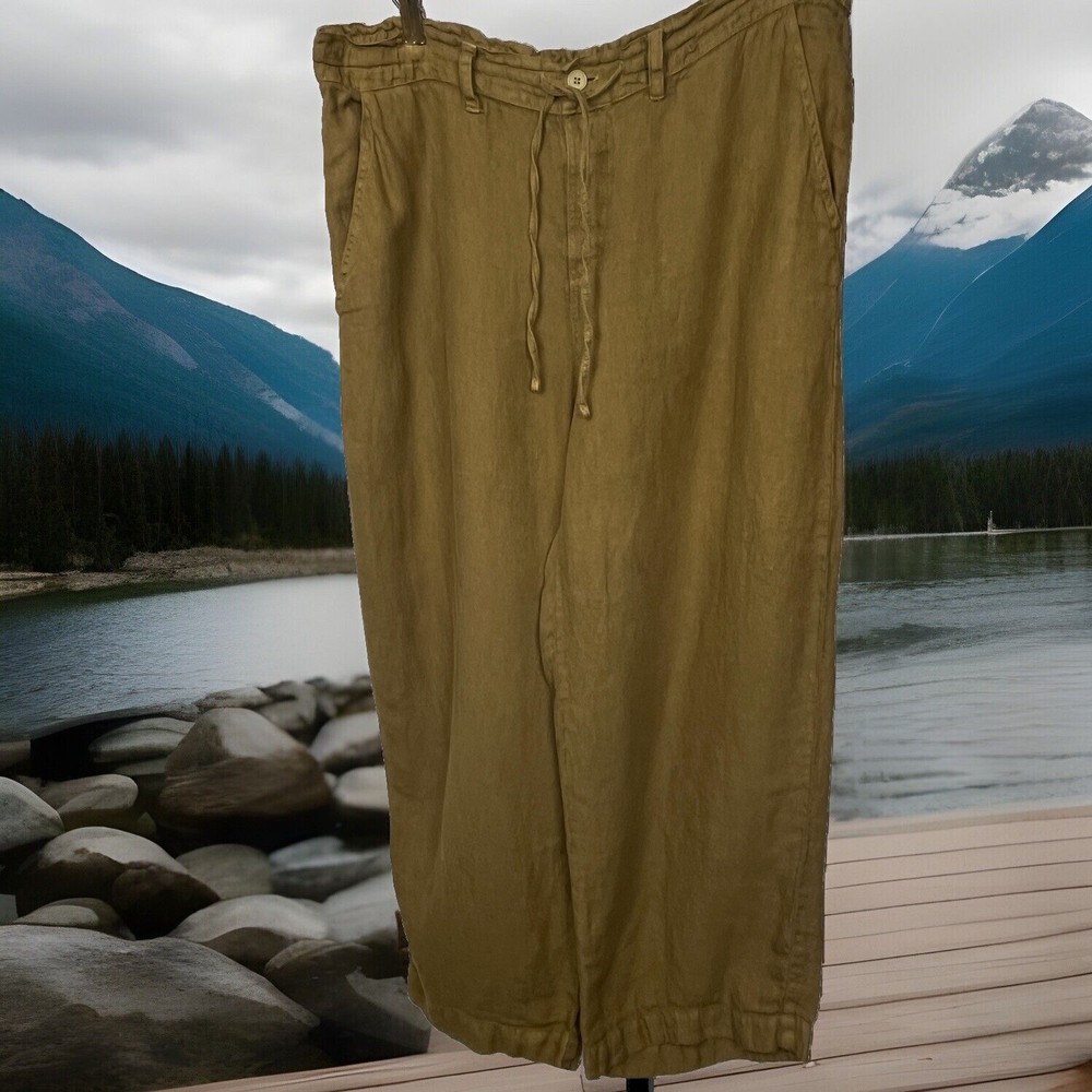 CP Shades Pants Medium 100% Linen High Waist Wide Leg Capri Drawstring Brown USA
