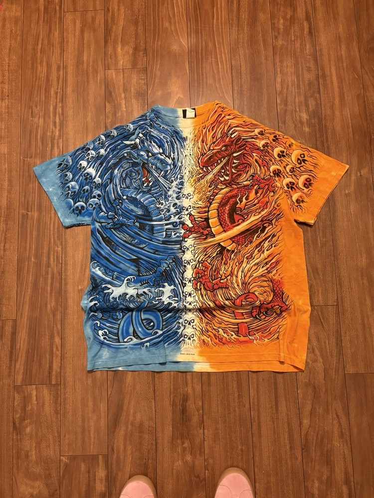 RARE 2002 Vintage Liquid Blue Fire & Ice Dragon AOP T-Shirt – Size XL –