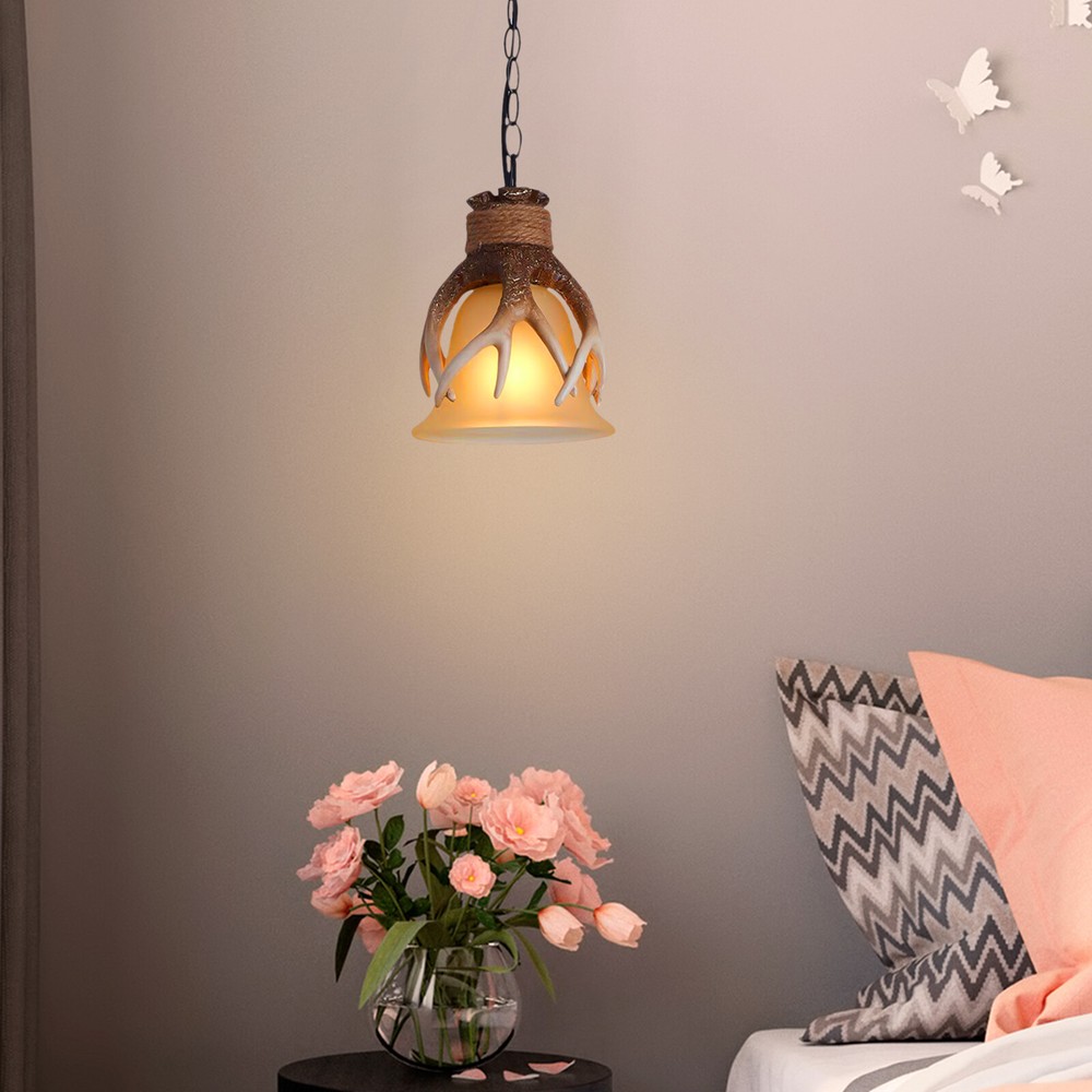 Rustic Antler Chandelier Deer Horn Resin Pendant Lamp with Lampshade