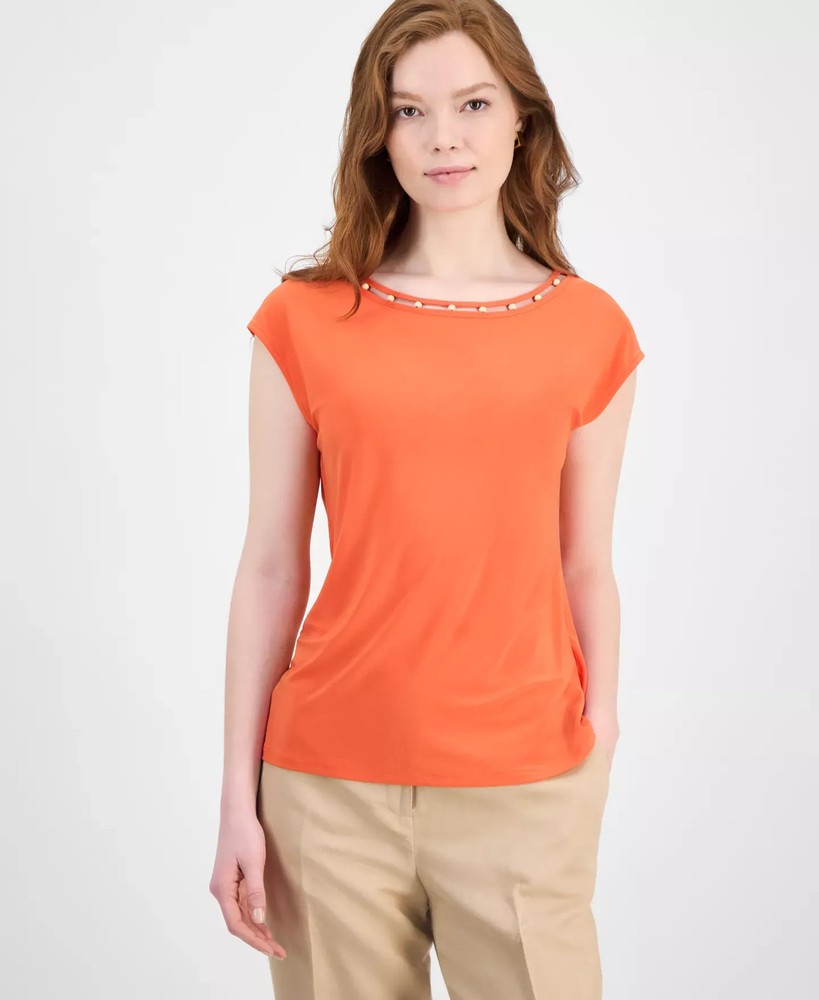 Kasper Women's Top Petite PL Beaded-Trim Extended-Shoulder &