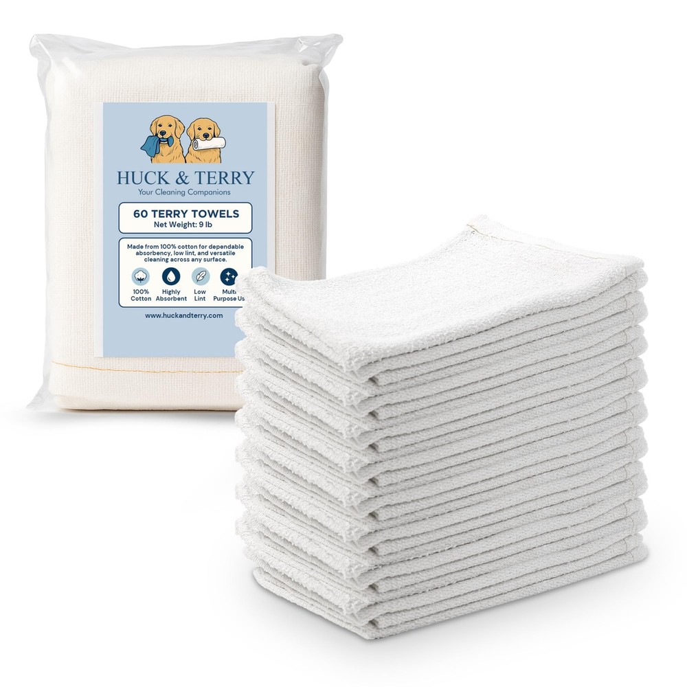 60-Pack White Terry Cloth Cleaning Rags - 100% Cotton Bar Mop Towels