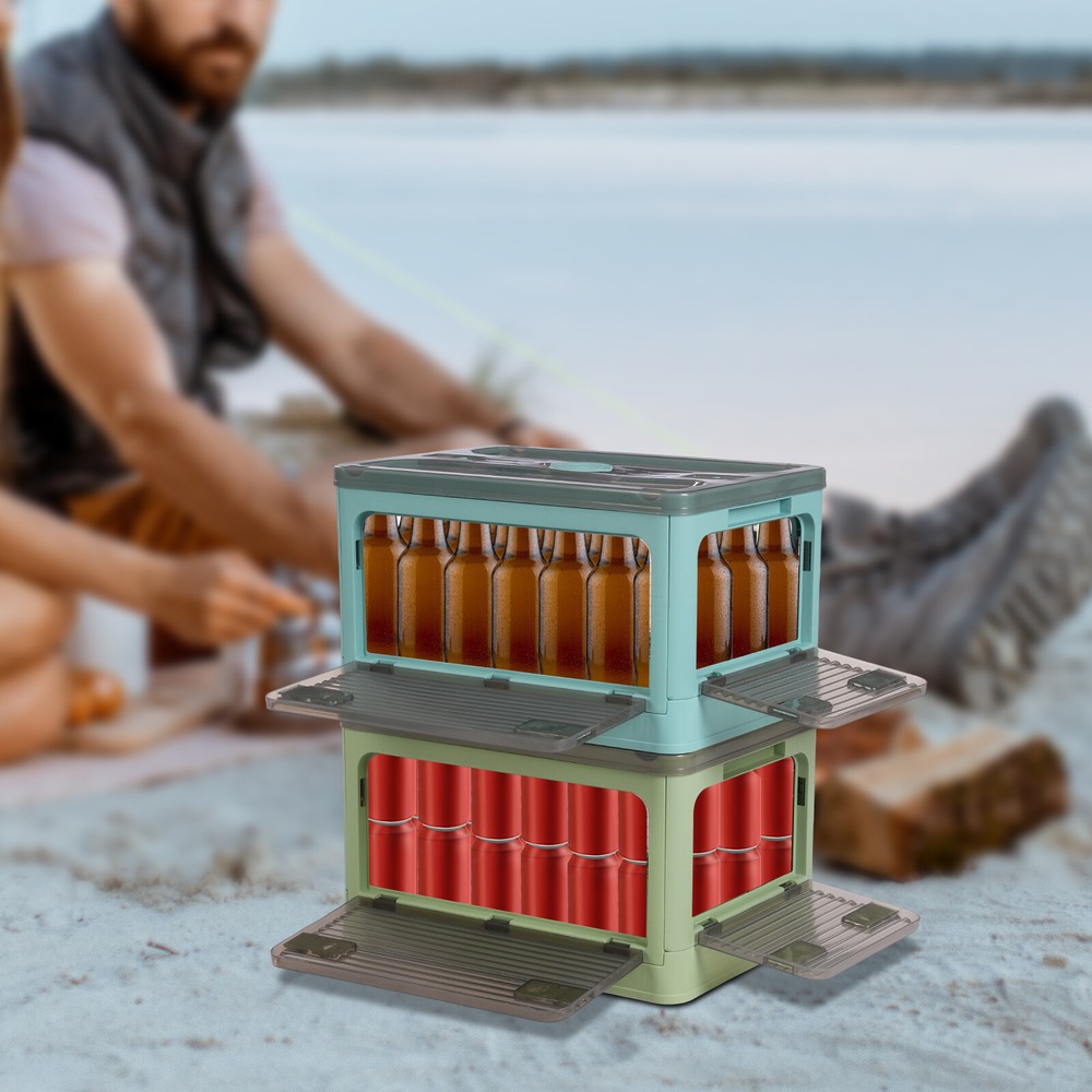 Foldable Stackable 2-Tier Plastic Storage Bin in Green and Blue