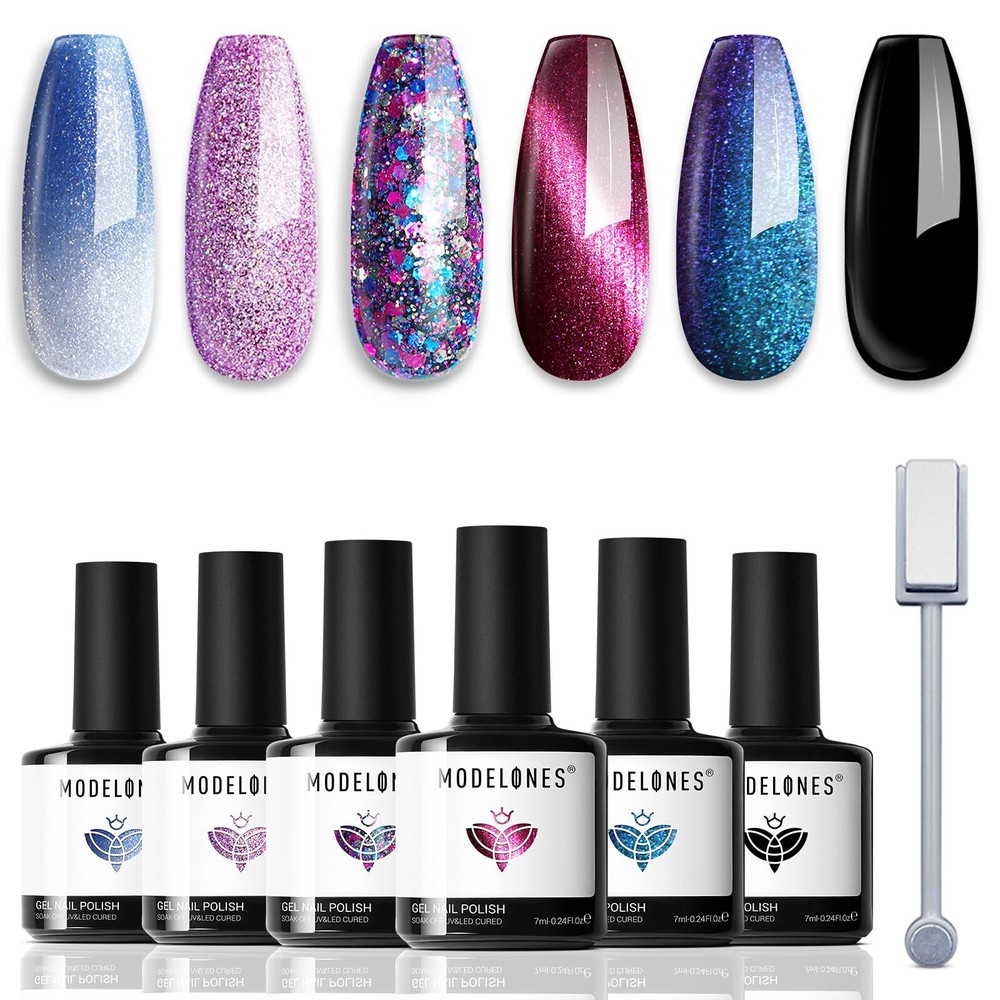 Glitter Gel Nail Polish Set 6 Colors Fall Winter Color Changing Blue Cat Eye ...