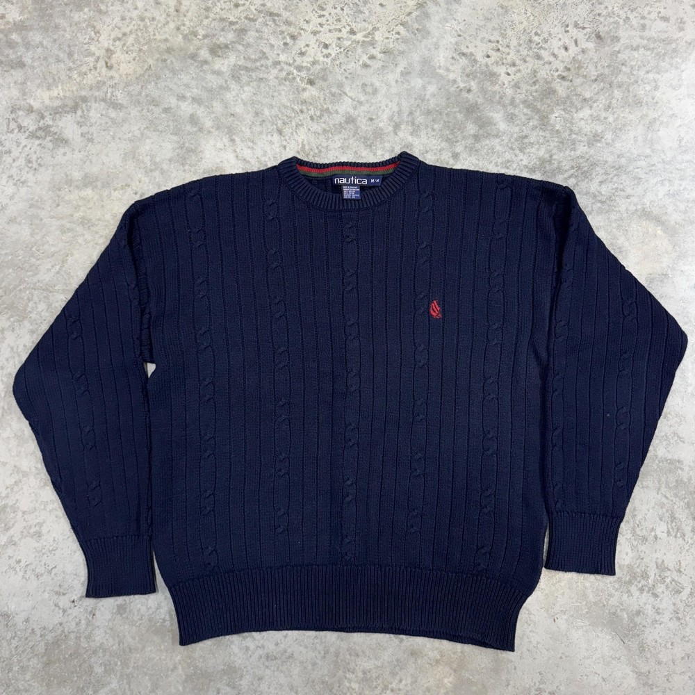 Nautica Sweater Mens Medium Navy Blue Cable Knit Cotton Crewneck Pullover
