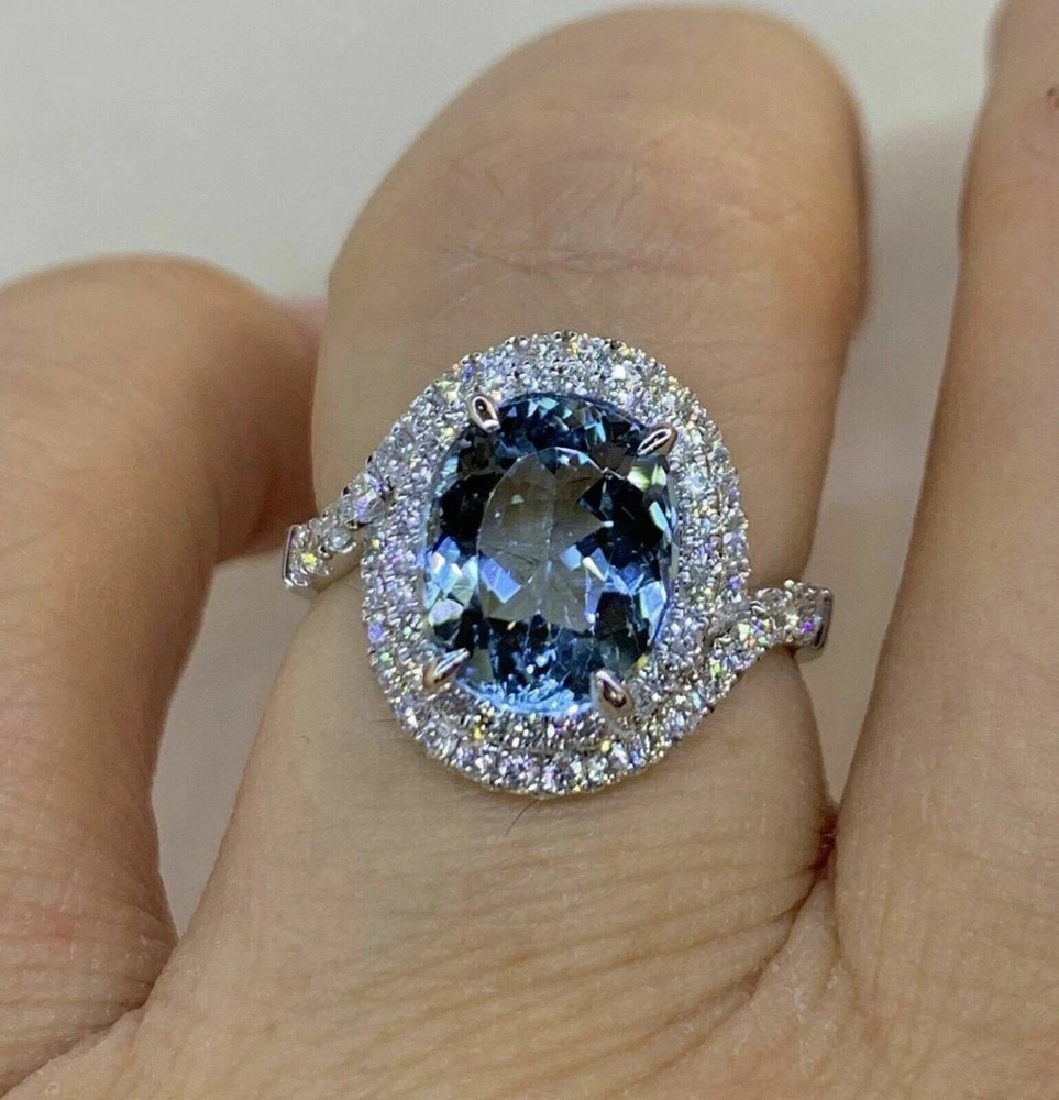 3.05 Ct Oval Cut Aquamarine Halo Engagement Ring 14K White Gold Ring