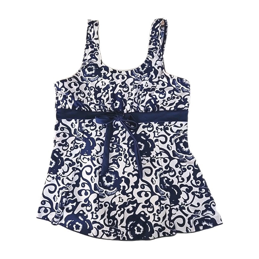 Women's Medium Tankini Swim Top Blue/White Floral Soft Cup Stretch Classic EUC