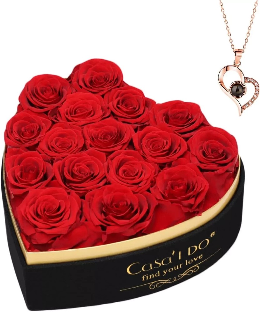 Forever Real Roses 16 Pcs in Heart Shaped Box with Necklace Gift for Her