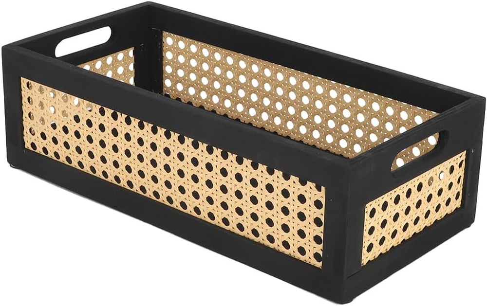 Wood Storage Basket Small Rattan Storage Box with Handles for Shelf Office Desk