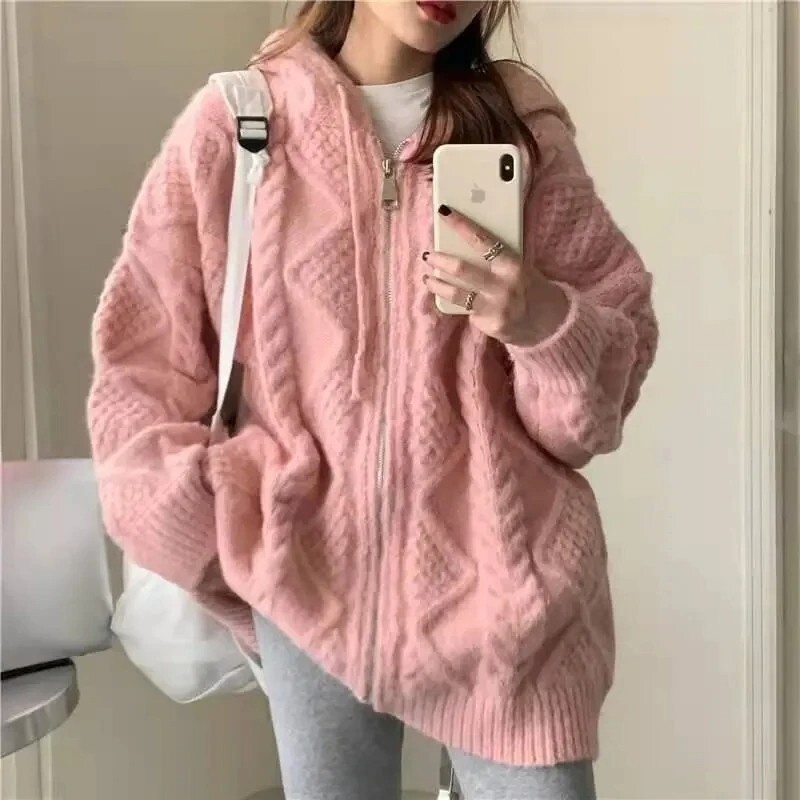 Women's Cashmere Turtleneck Sweater Zipper Knitted Slouchy Loose Cardigan Jumper